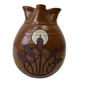 Vtg Water Pitcher Vase Burke Signed Cattail Brown Glazed Studio Pottery